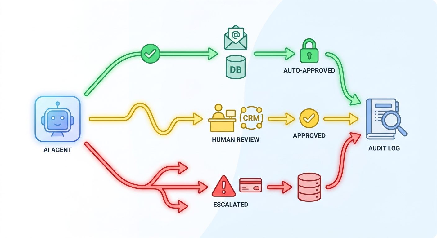Flow diagram showing low-risk AI agent actions auto-approved, medium-risk actions reviewed by a human, and high-risk actions escalated with audit logs