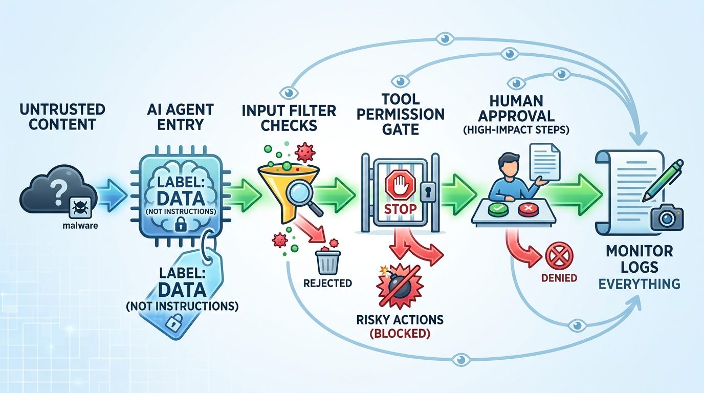 Beginner flow diagram showing untrusted content separated from trusted instructions before an AI agent can use tools