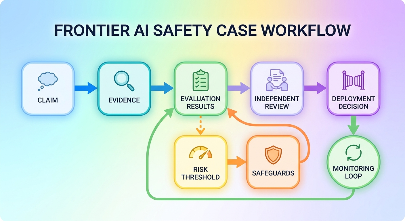 Flow diagram showing a frontier AI safety case moving from claim to evidence, risk threshold, safeguards, independent review, deployment decision, and monitoring