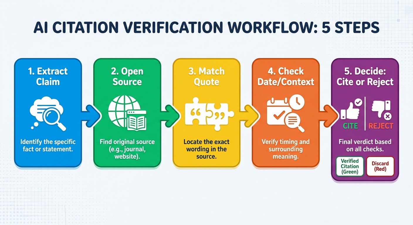 Five-step AI citation verification workflow: extract claim, open source, match quote, check context, decide cite or reject
