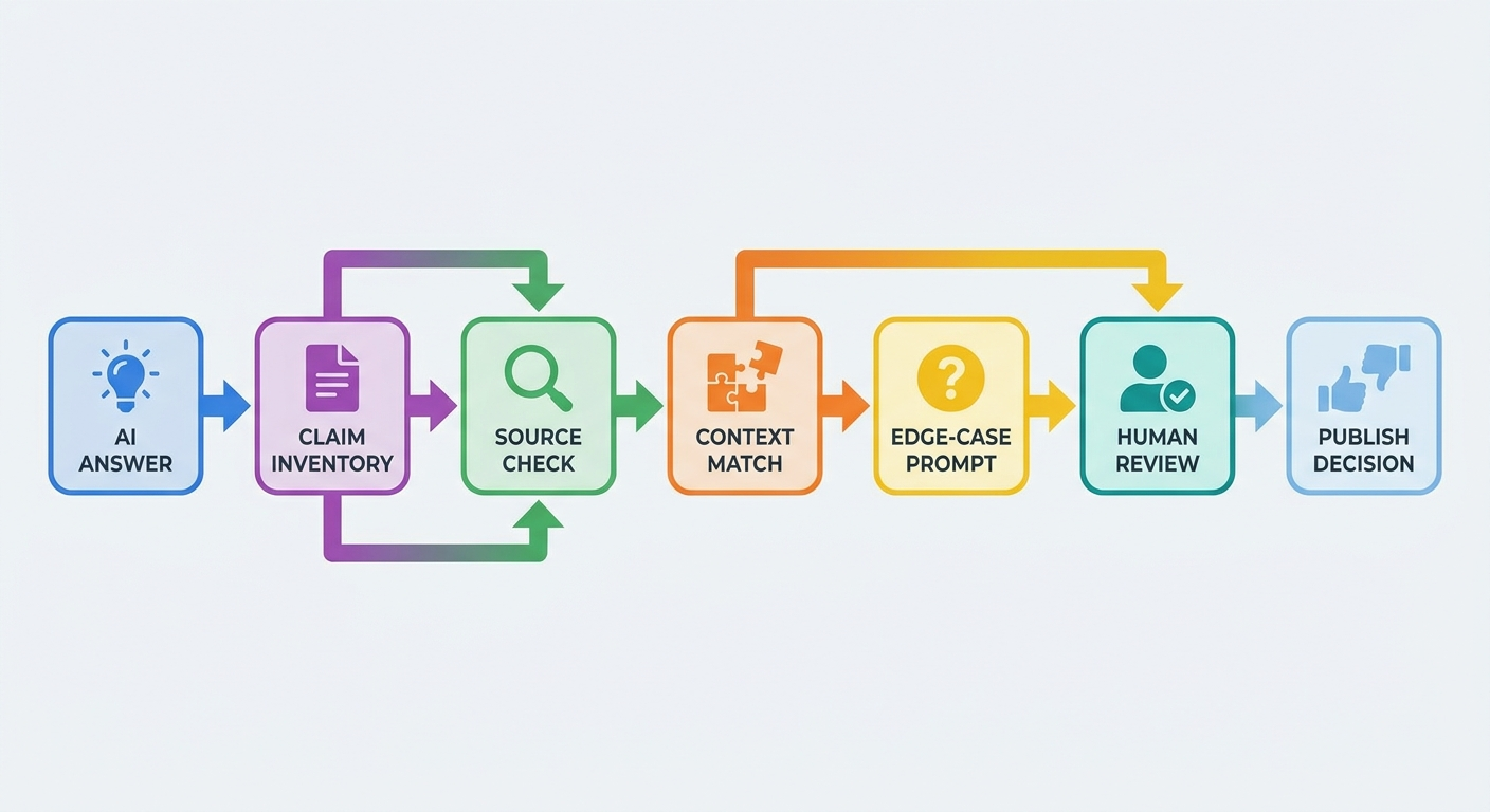Flow diagram showing an AI hallucination evaluation pipeline from claim inventory to human review