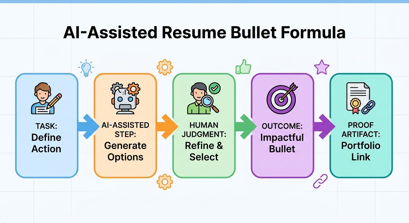Flow diagram showing the AI resume bullet formula from task to AI workflow, human judgment, outcome, and proof