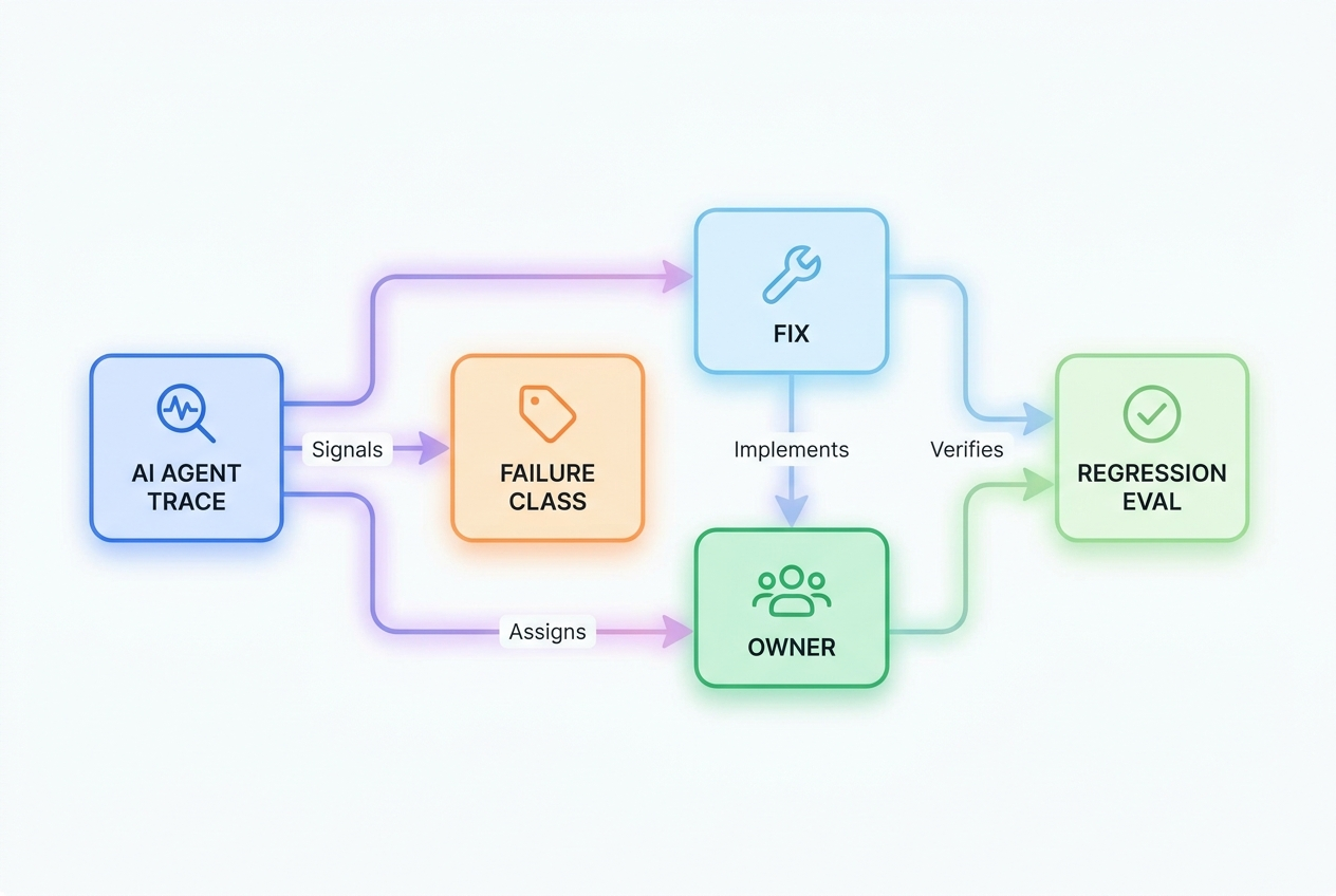 Flow diagram showing how an AI agent trace signal becomes a failure class, owner, fix, and regression evaluation