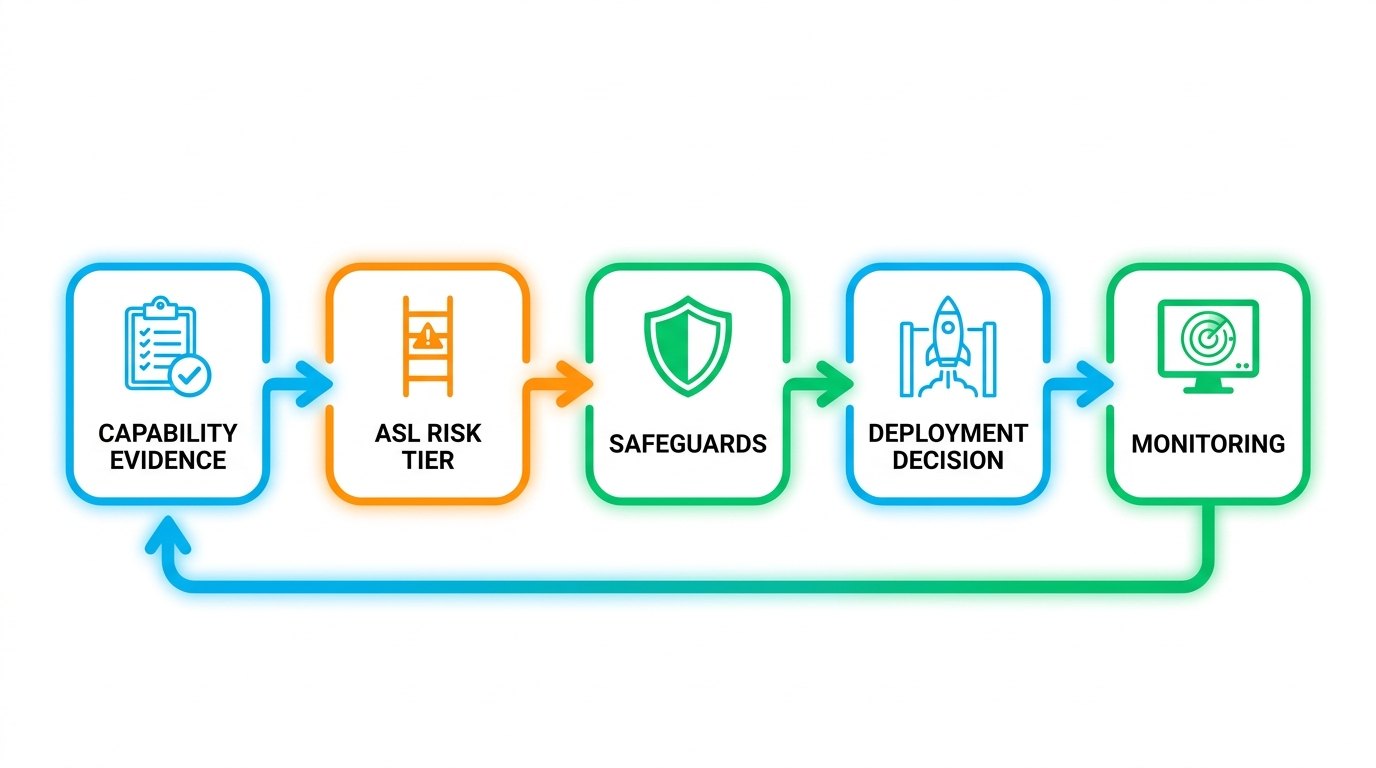 Flow diagram showing how AI Safety Levels move from capability evidence to risk tier, safeguards, deployment decision, and monitoring