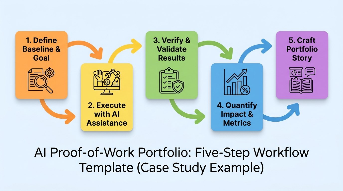 Five-step AI workflow case study template showing baseline, AI workflow, validation, metrics, and portfolio story