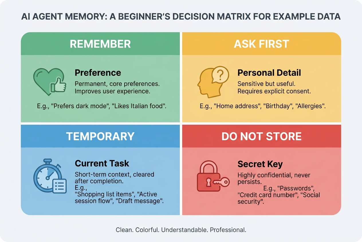 Colorful decision matrix showing which AI agent details to remember, ask about, keep temporary, or forget