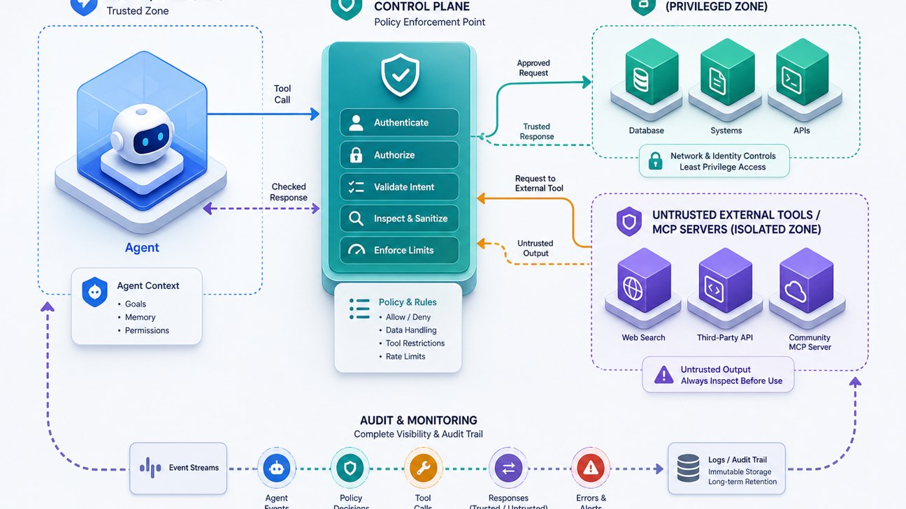 Security framework illustration showing separate trust zones between untrusted MCP outputs, privileged tools, policy gates, and monitoring
