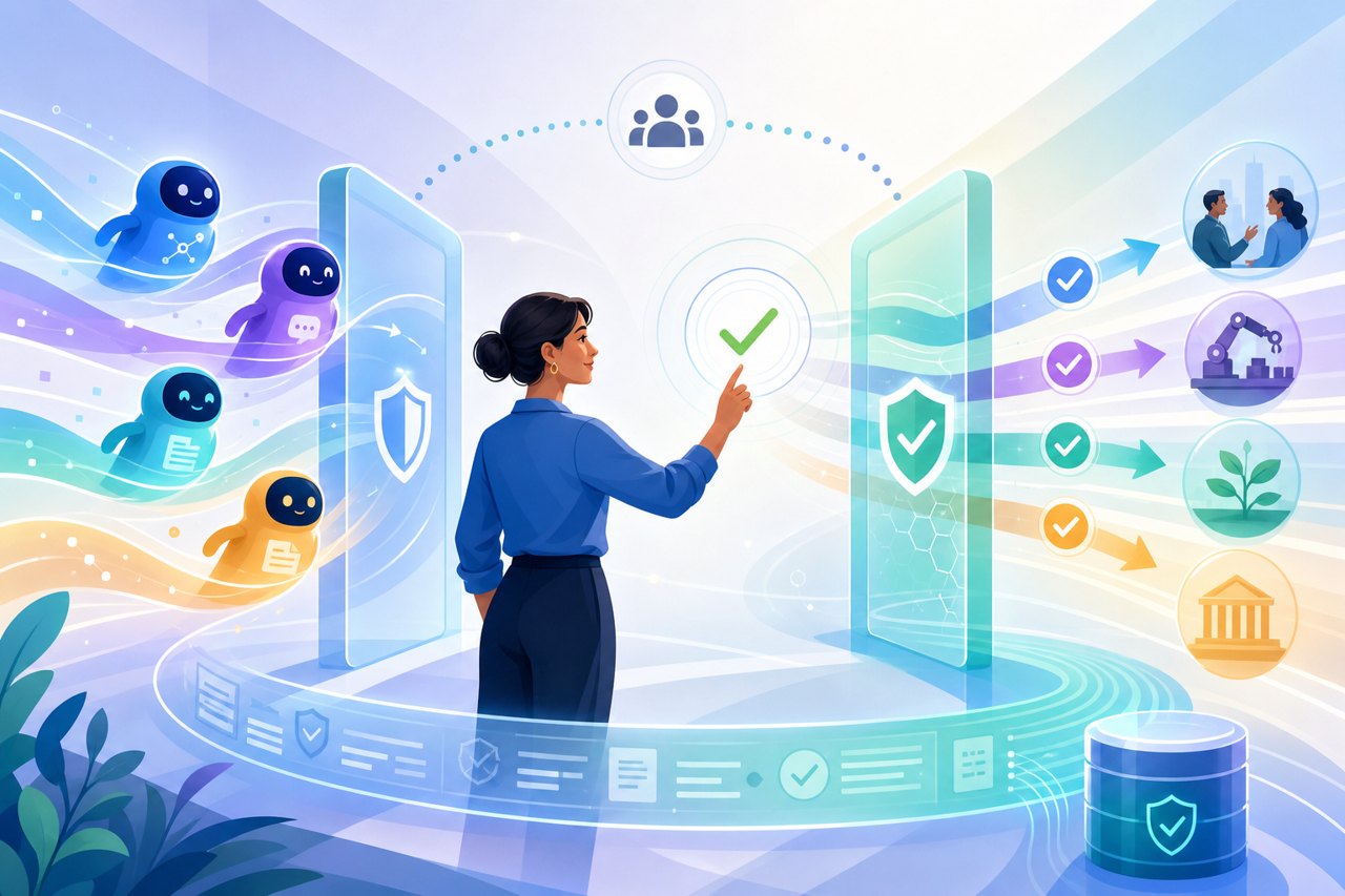 Human operator approving a governed enterprise AI agent action through secure policy gates and monitoring signals