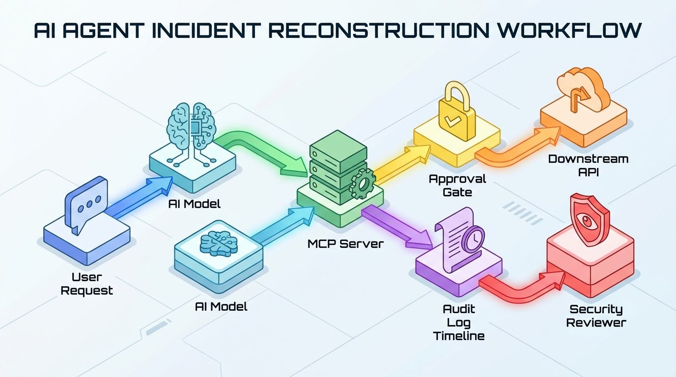 Incident reconstruction workflow connecting user request model step MCP tool call approval record downstream API and audit log timeline