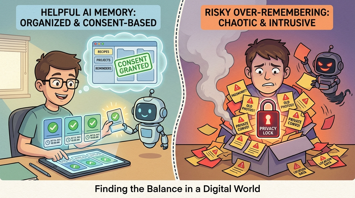 Split-screen illustration comparing helpful AI memory with risky over-remembering