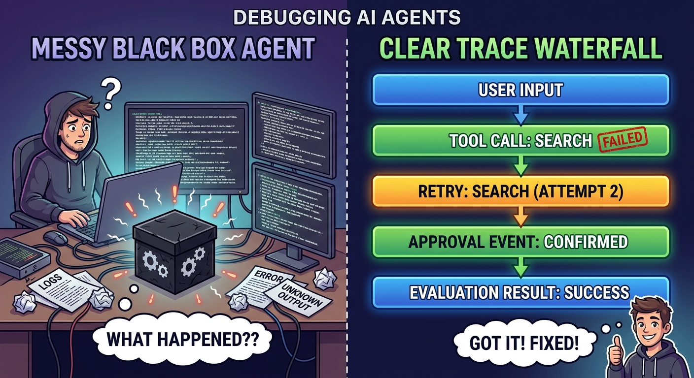 Split-screen AI agent debugging scene showing messy black-box logs compared with a clean trace waterfall highlighting a failed tool call