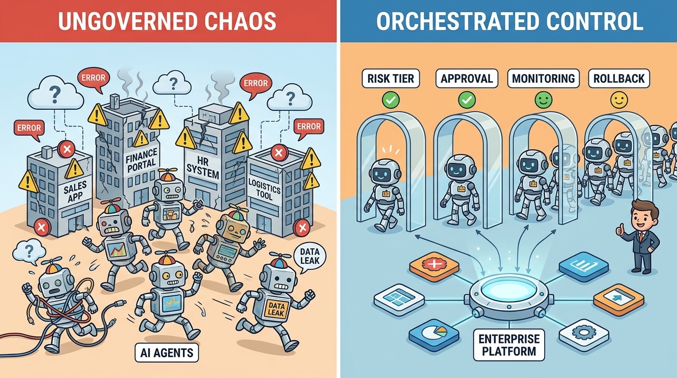Split-screen illustration comparing chaotic unsupervised AI agents with orderly agents governed by risk tiers, approval gates, monitoring, and rollback