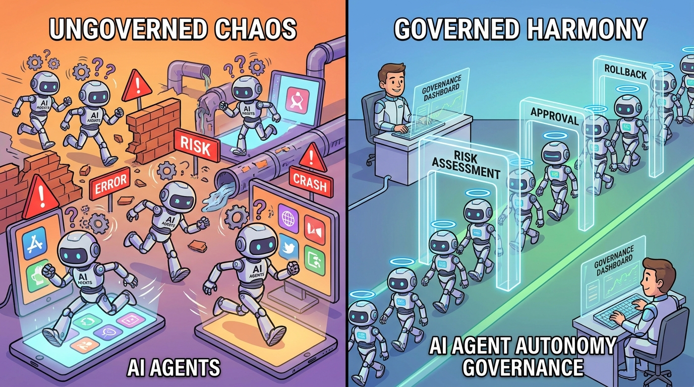 Split-screen governance image showing when to promote or reduce AI agent autonomy based on tests, logs, approvals, and failures