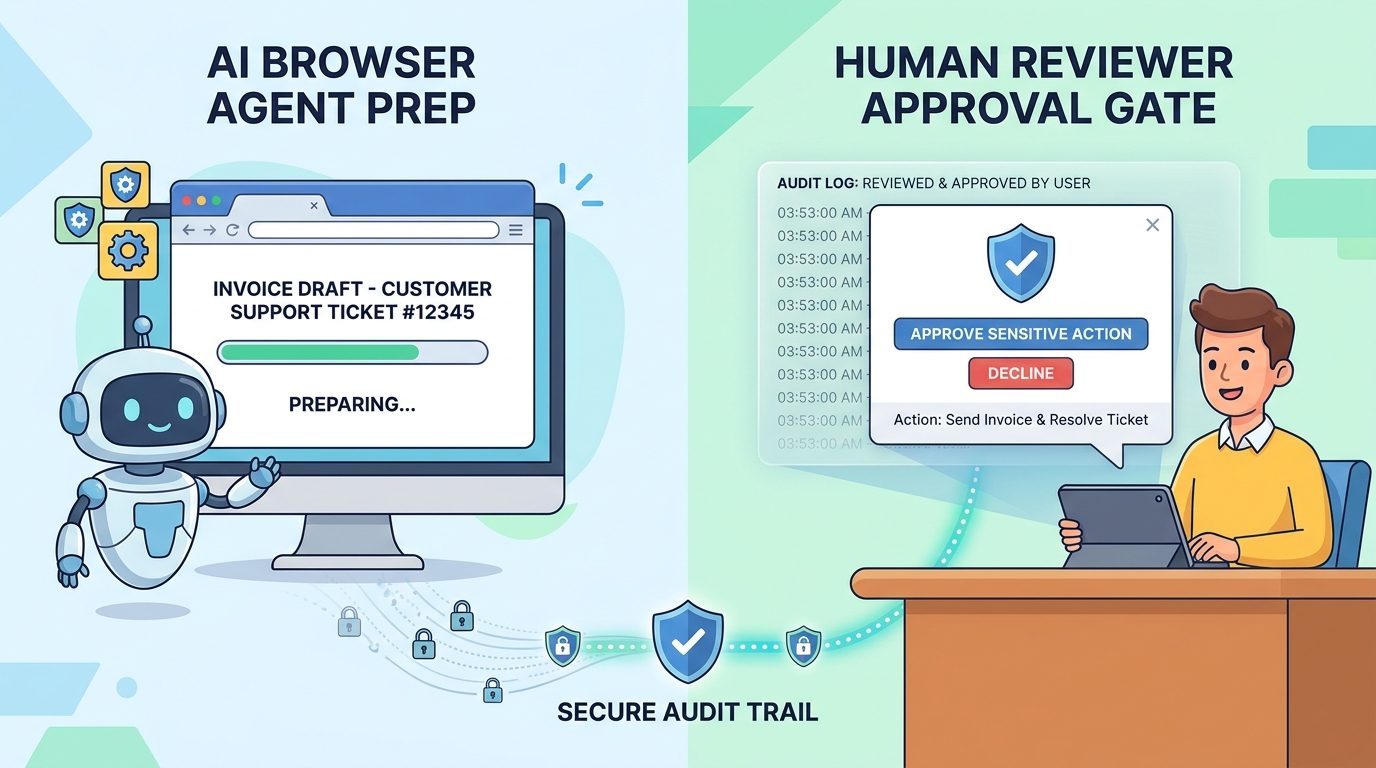 Split screen showing an AI browser agent preparing work while a human approves sensitive actions