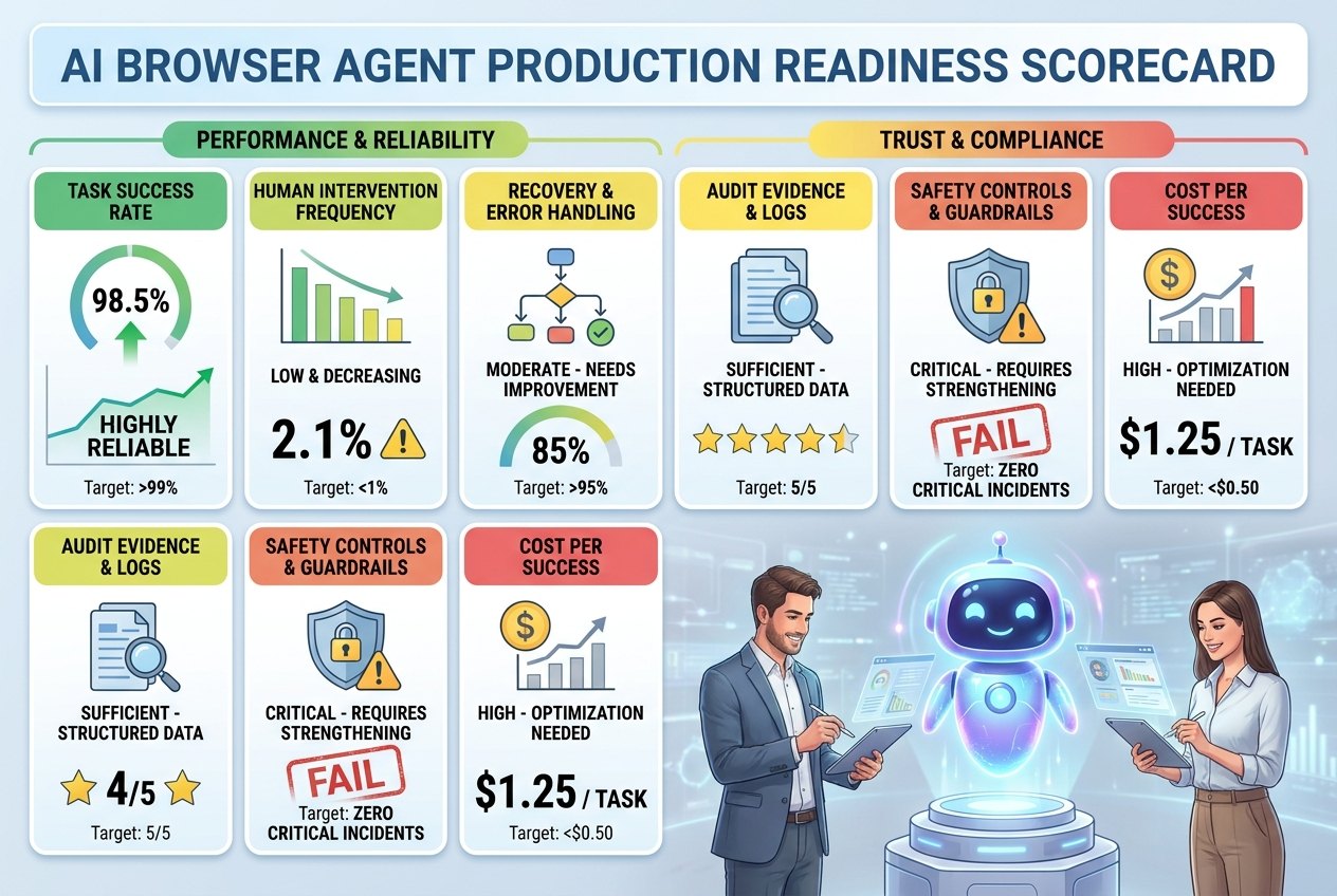 Browser agent readiness scorecard with green yellow and red columns for success intervention recovery audit cost and safety metrics