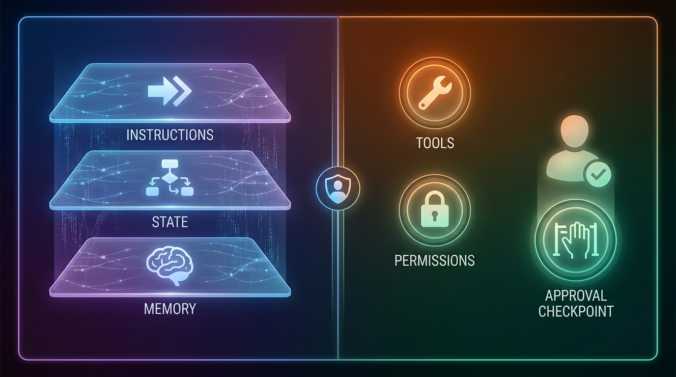 Split-screen illustration comparing memory, state, instructions, and tool context as layers that guide an AI agent before it takes action