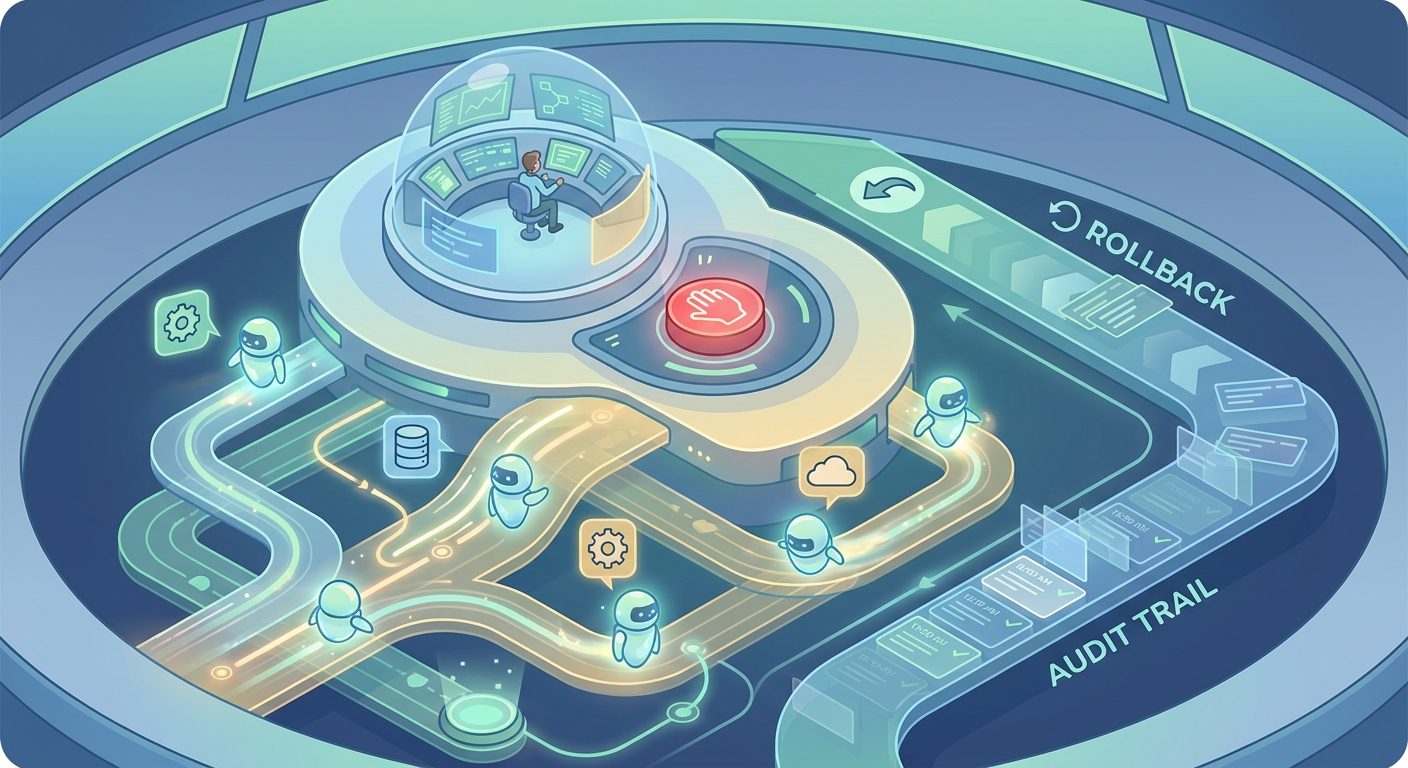 Control tower illustration showing AI agent workflow observability, audit trails, rollback paths, and a human supervisor watching tool calls