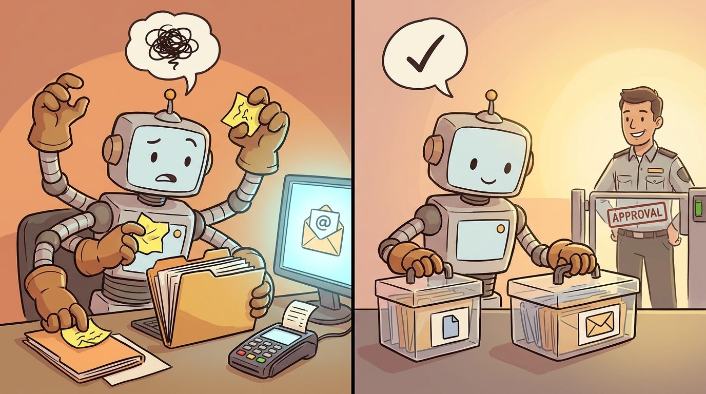 Split-screen cartoon comparing an over-permissioned AI agent with a safer least-privilege AI agent behind approval guardrails