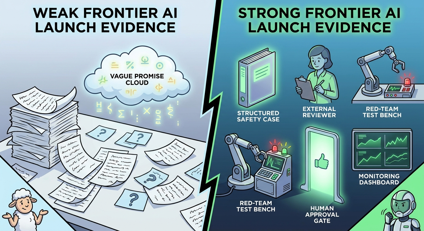Split-screen illustration comparing vague frontier AI launch promises with a structured safety case, red-team evidence, external review, and deployment gate