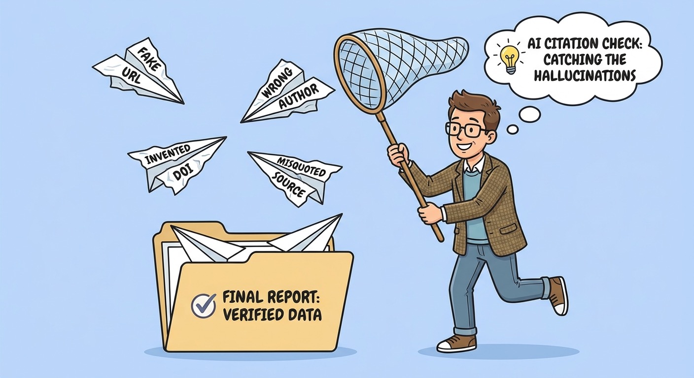 Cartoon researcher catching fake AI citation paper airplanes before they enter a final report