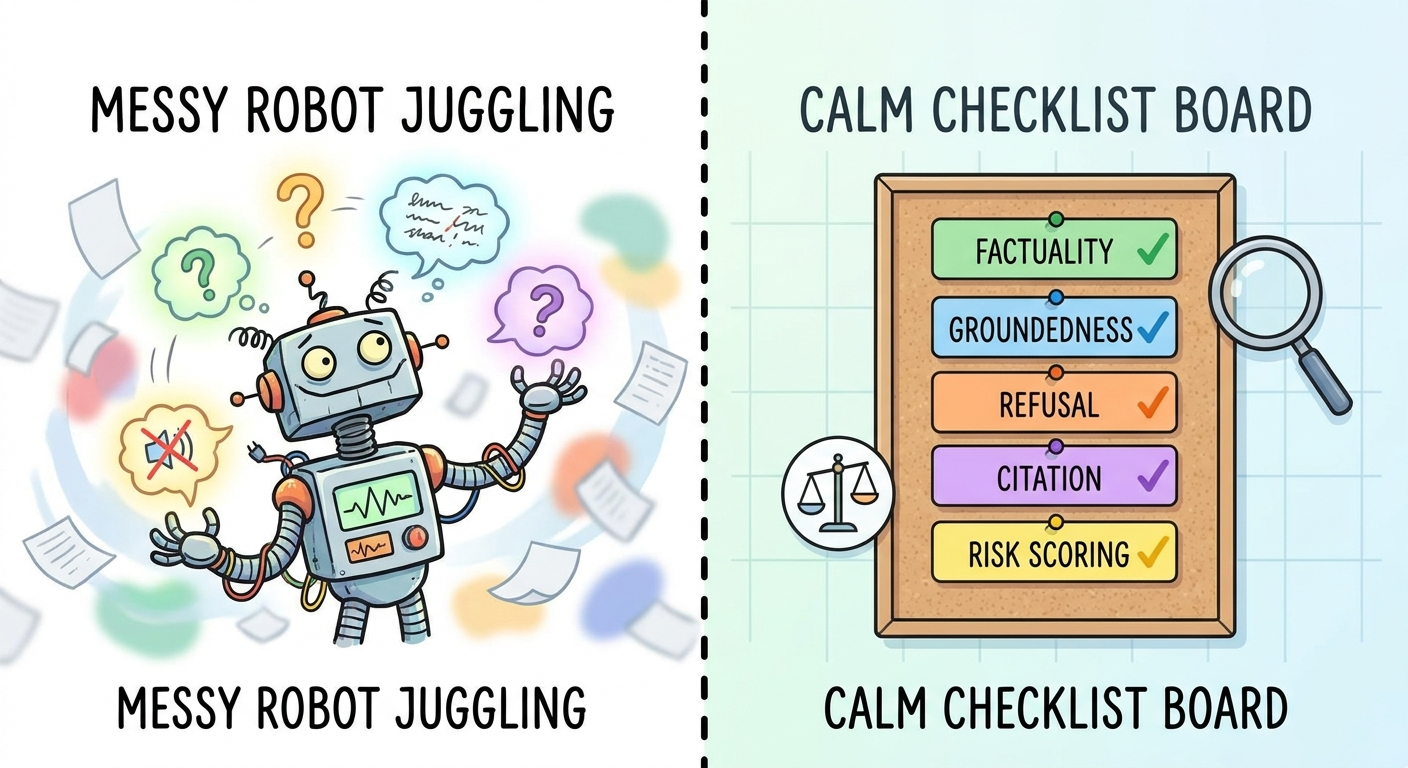Split-screen illustration comparing messy unsupported AI claims with a clean hallucination evaluation checklist