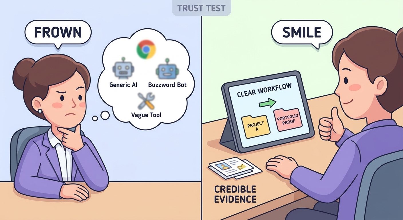 Split-screen illustration comparing vague AI resume claims with credible human-AI workflow evidence that recruiters can trust