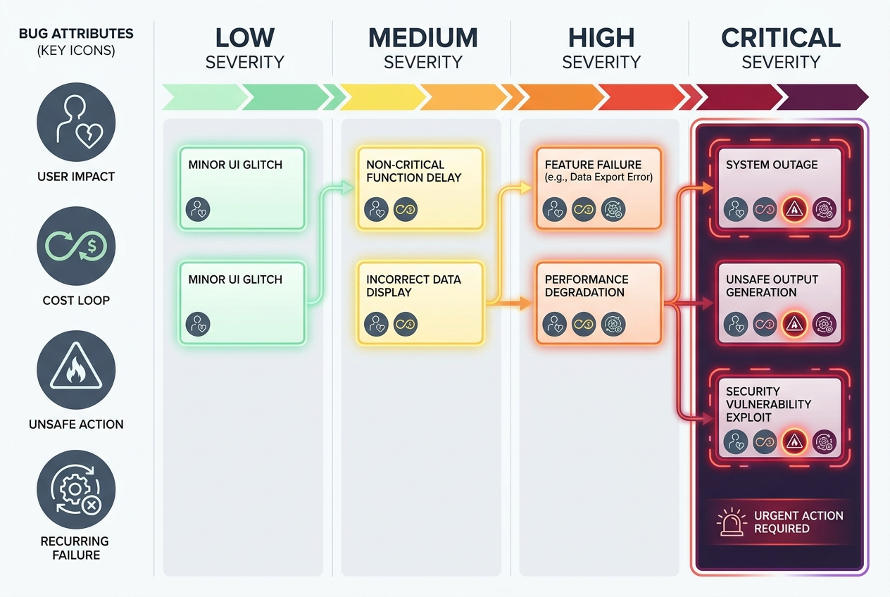 Colorful severity matrix for AI agent bugs showing visibility, cost, safety risk, and recurrence
