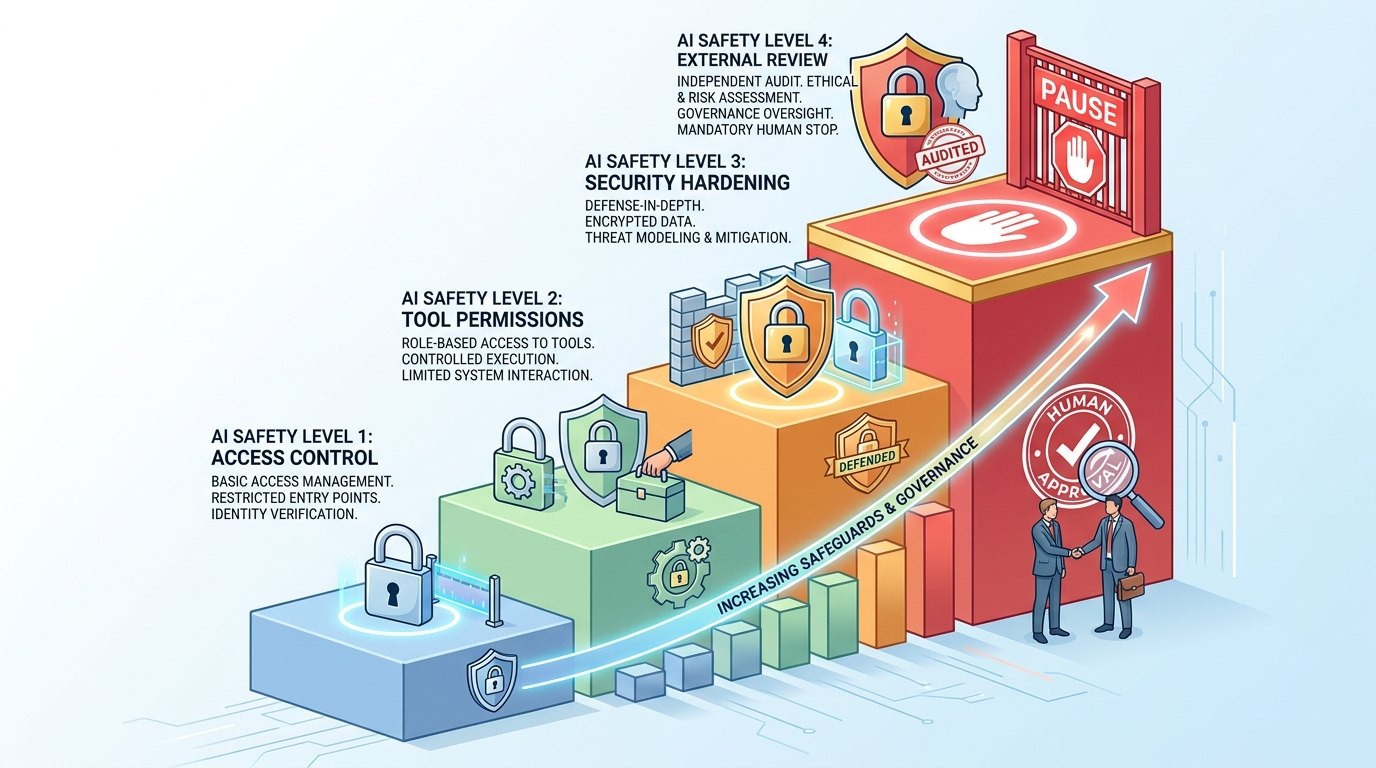 Infographic showing AI Safety Level safeguards increasing across access, tools, security, and review as frontier AI risk rises