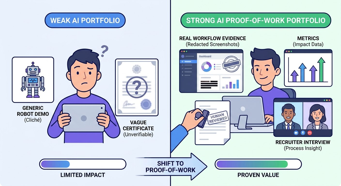 Split-screen comparison of a weak AI portfolio with vague tool claims and a strong AI proof-of-work portfolio with evidence, metrics, and human review