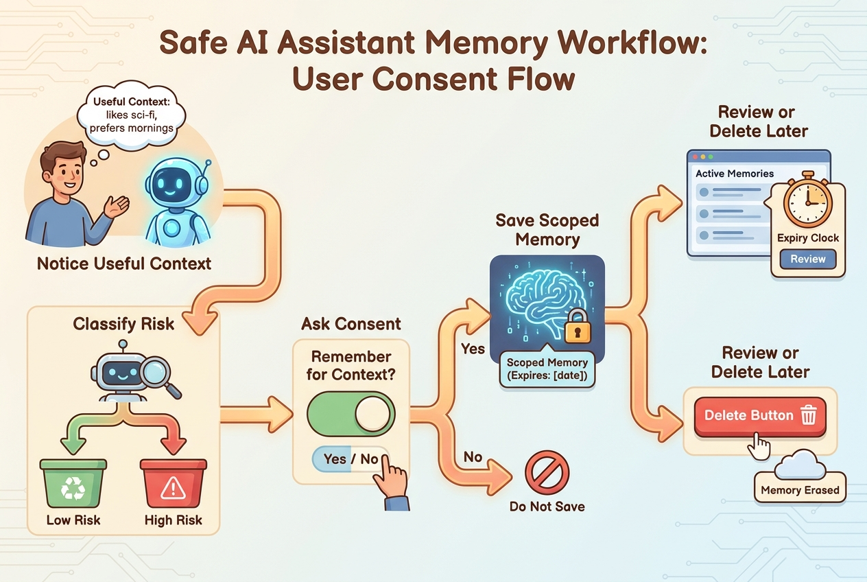 Friendly workflow diagram showing user consent, memory entry, review screen, expiry date, and delete button for AI assistant memory