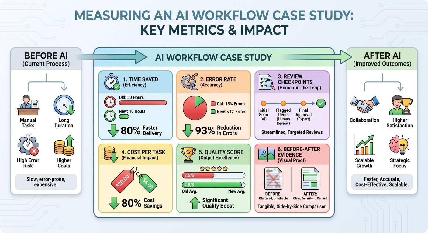 Dashboard showing AI workflow portfolio metrics for time saved quality cost and human review