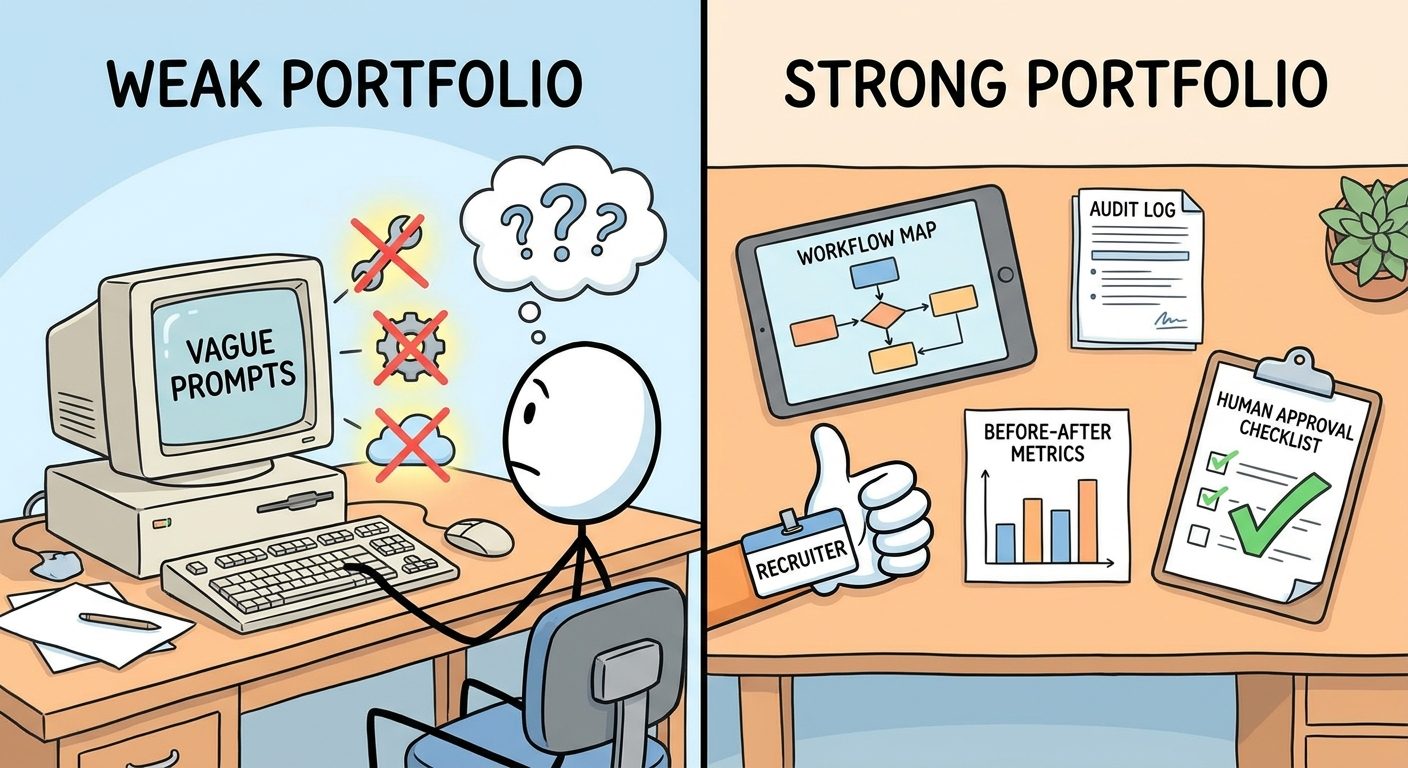 Split screen comparing weak AI portfolios with trusted workflow case studies