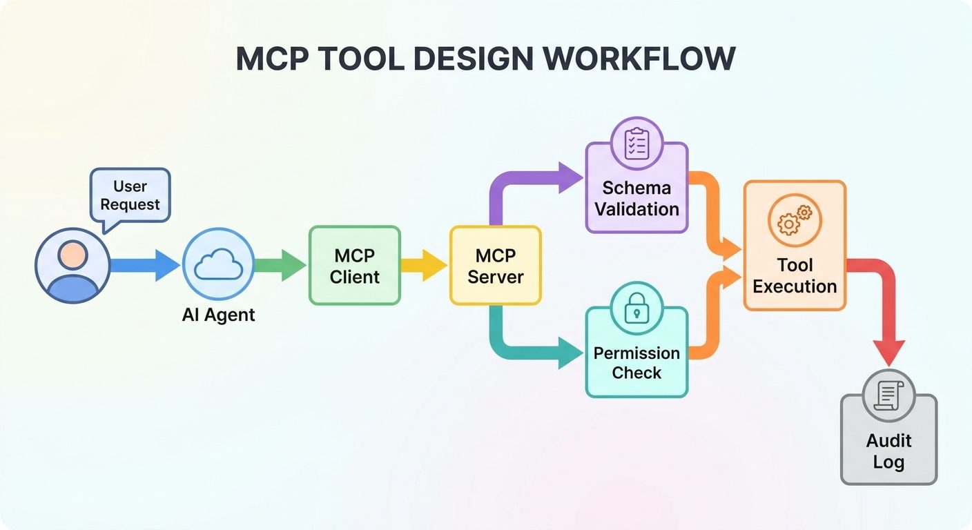 Colorful workflow diagram showing MCP tool design from user intent to schema validation, permission check, execution, and audit log