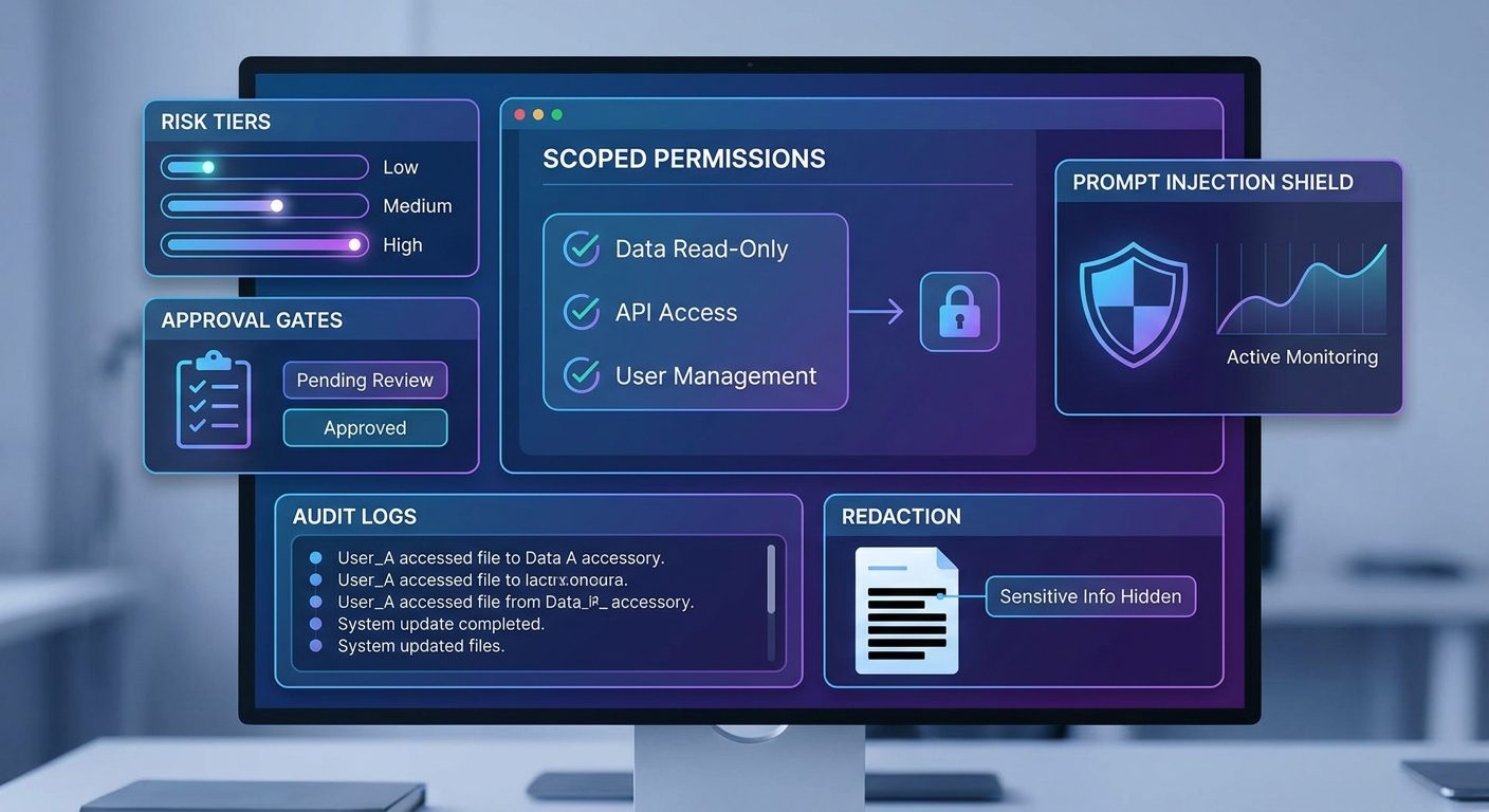 Clean SaaS security dashboard for MCP server permissions, risk tiers, approval gates, and audit logs