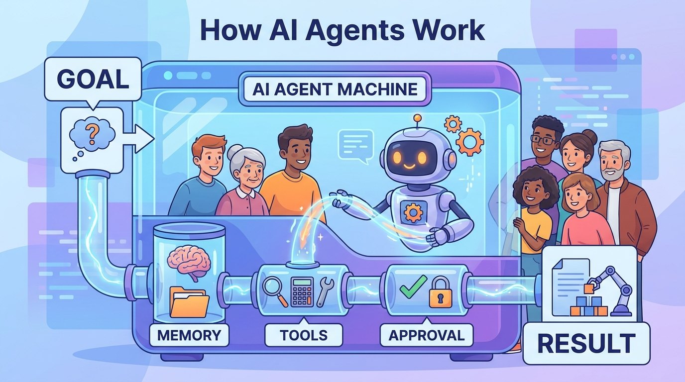 Cartoon learners looking inside an AI agent system with goal, memory, tools, approval, and result stages