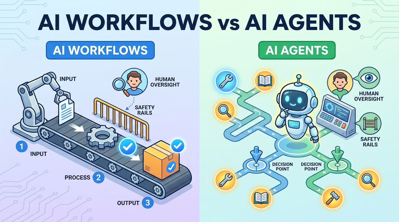 Cartoon team comparing a predictable AI workflow path with an autonomous AI agent exploring multiple tool routes