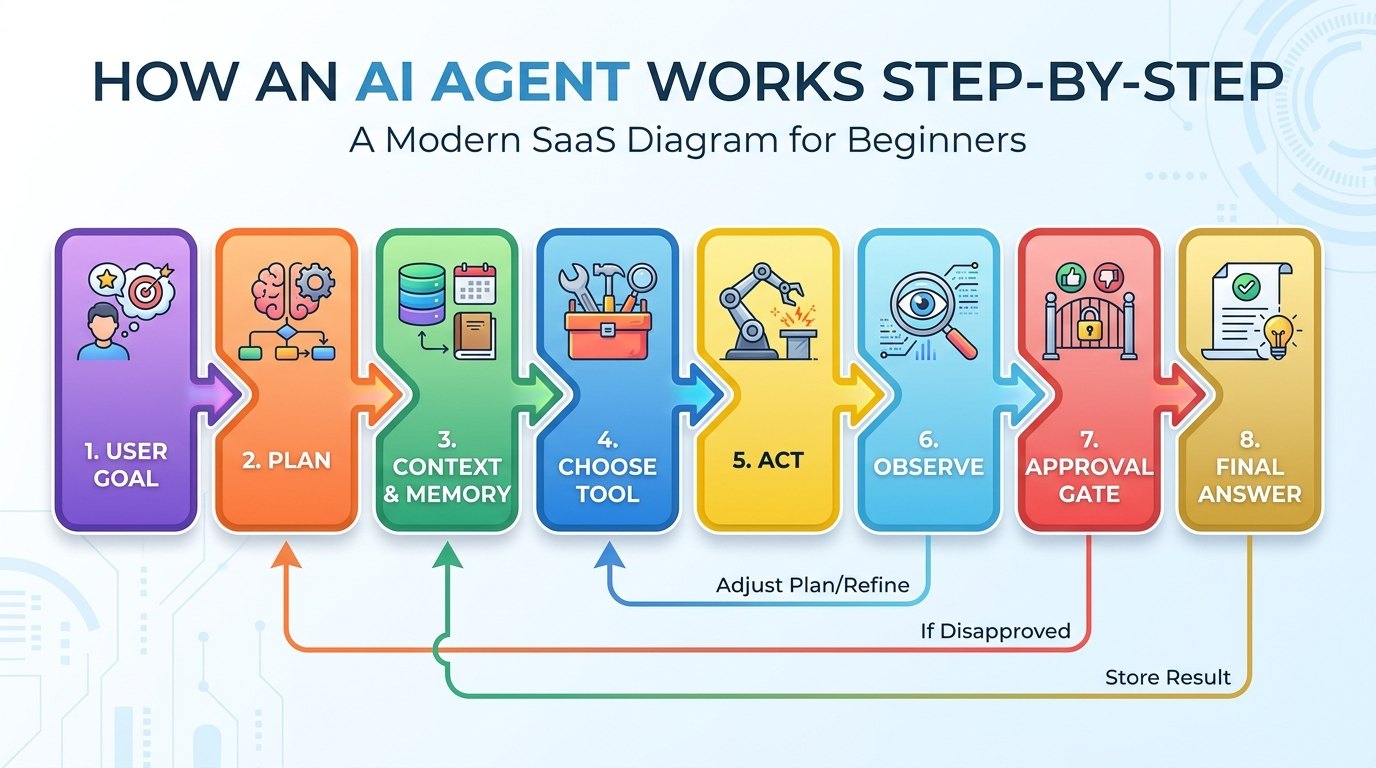 Flow diagram showing an AI agent loop from goal to planning, memory, tool use, observation, human approval, and final result