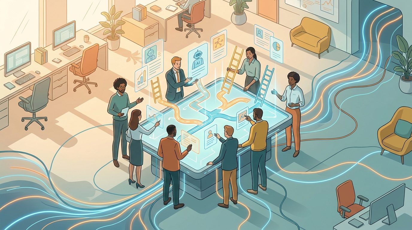 Diverse professionals building a human-AI career roadmap with AI agents, portfolio artifacts, and workflow paths