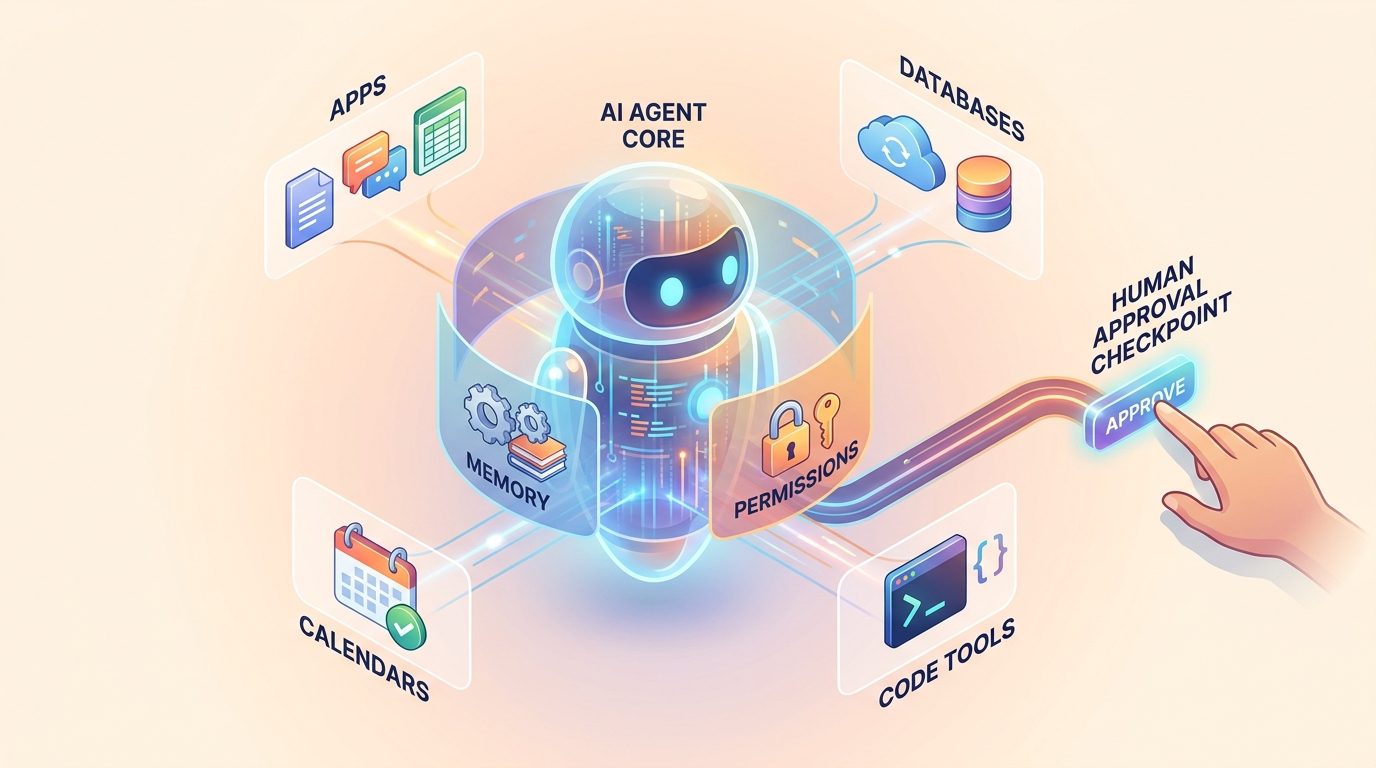 AI agent control system connecting tools, memory, permissions, and human approval