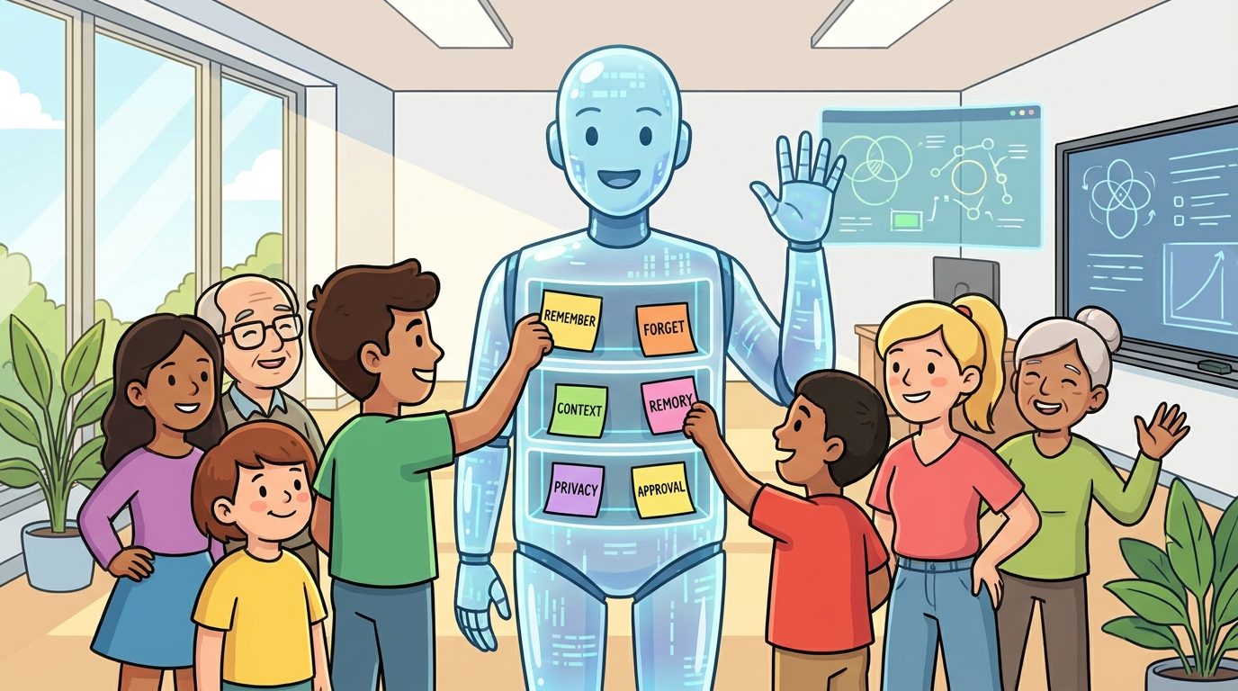 Cartoon-style humans teaching an AI assistant what to remember, what to forget, and how to use context safely