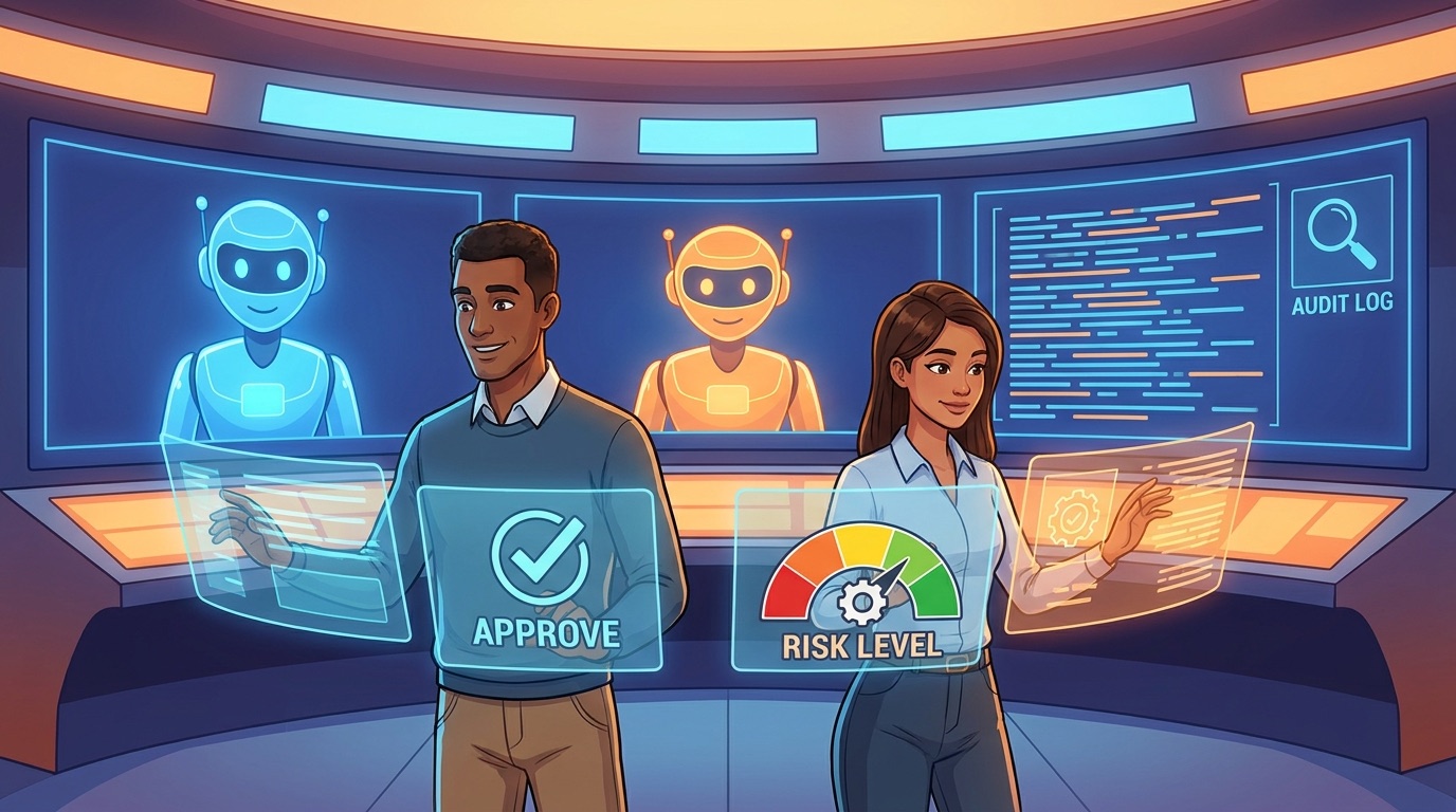 Cartoon-style humans operating a control room for autonomous AI agents with approval gates, audit logs, and risk levels