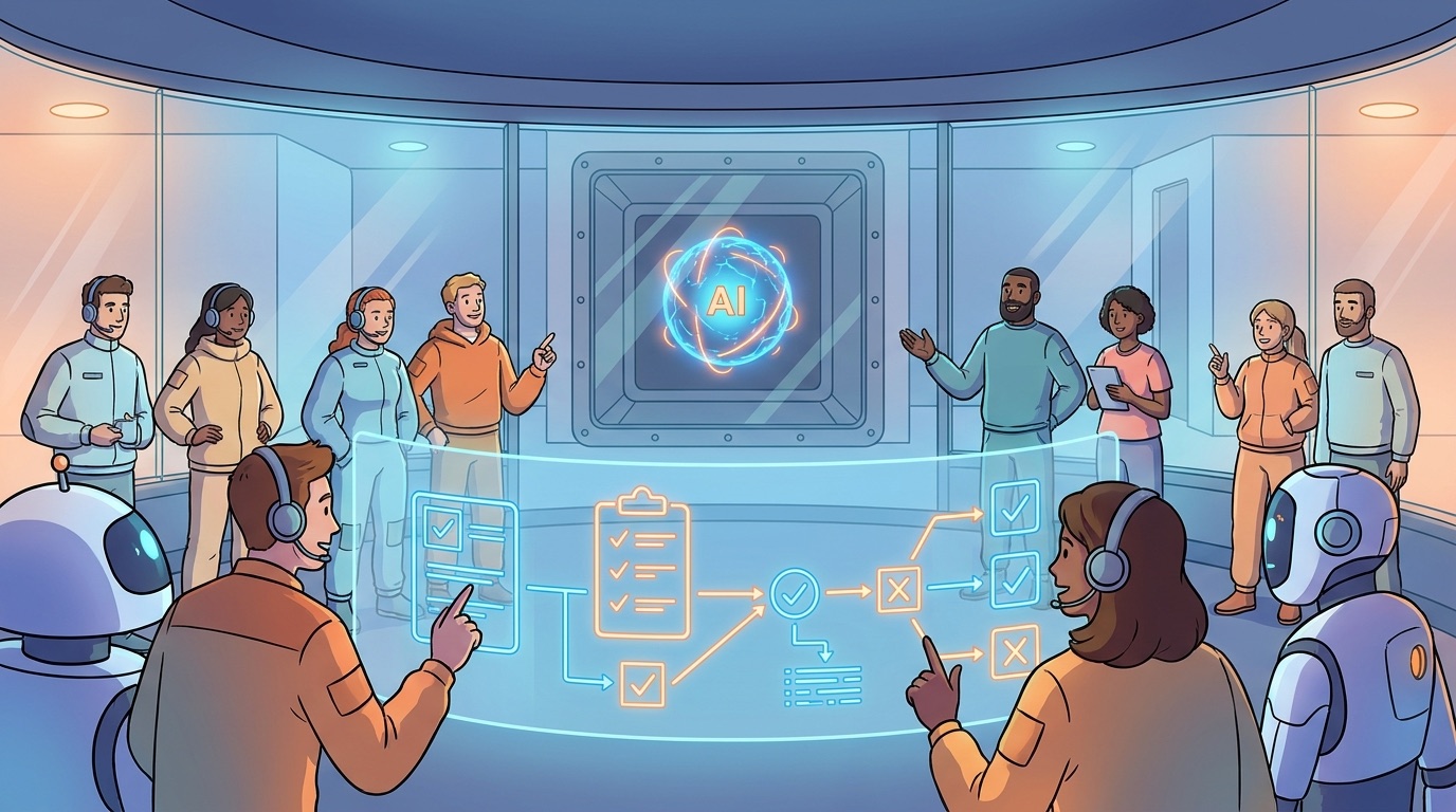 Cartoon-style humans and AI researchers reviewing a frontier AI safety dashboard with risk gates and deployment controls