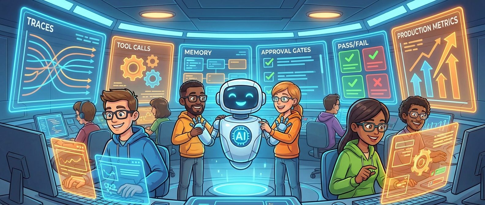 Cartoon developers testing an AI agent with traces, tools, memory, and approval gates on a futuristic dashboard