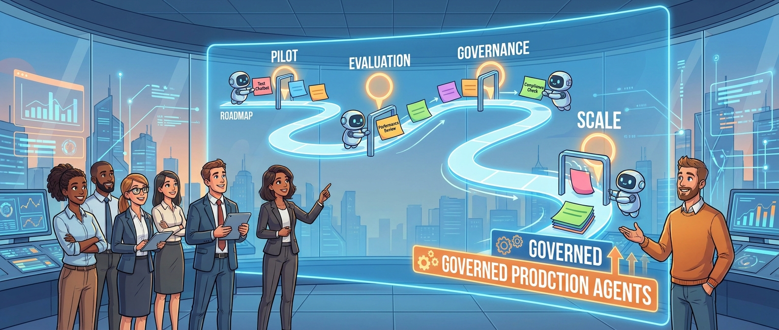 Enterprise team reviewing a roadmap from AI agent pilots to governed production agents