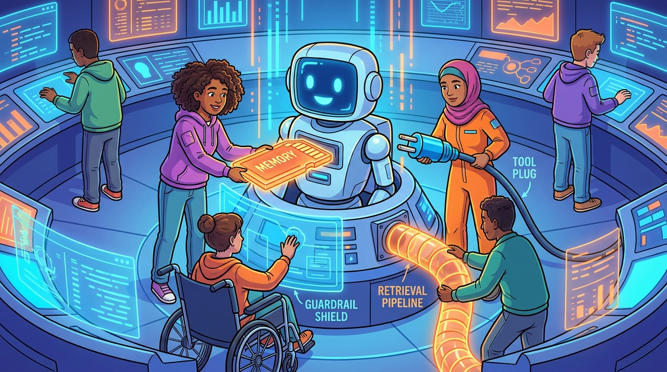 Cartoon software builders designing memory tools retrieval and guardrails around an AI agent