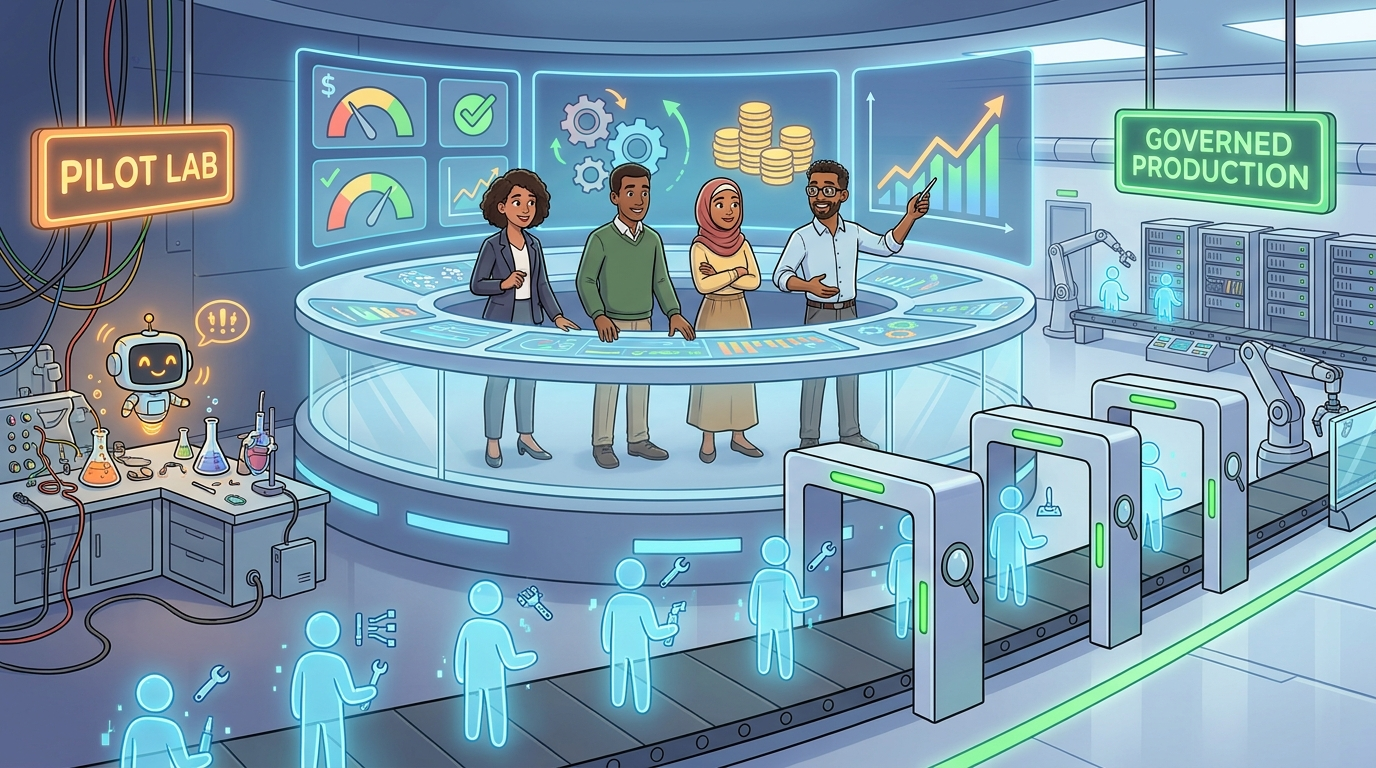 Cartoon enterprise team guiding AI agents from experimental pilots into governed production workflows with dashboards and approval gates