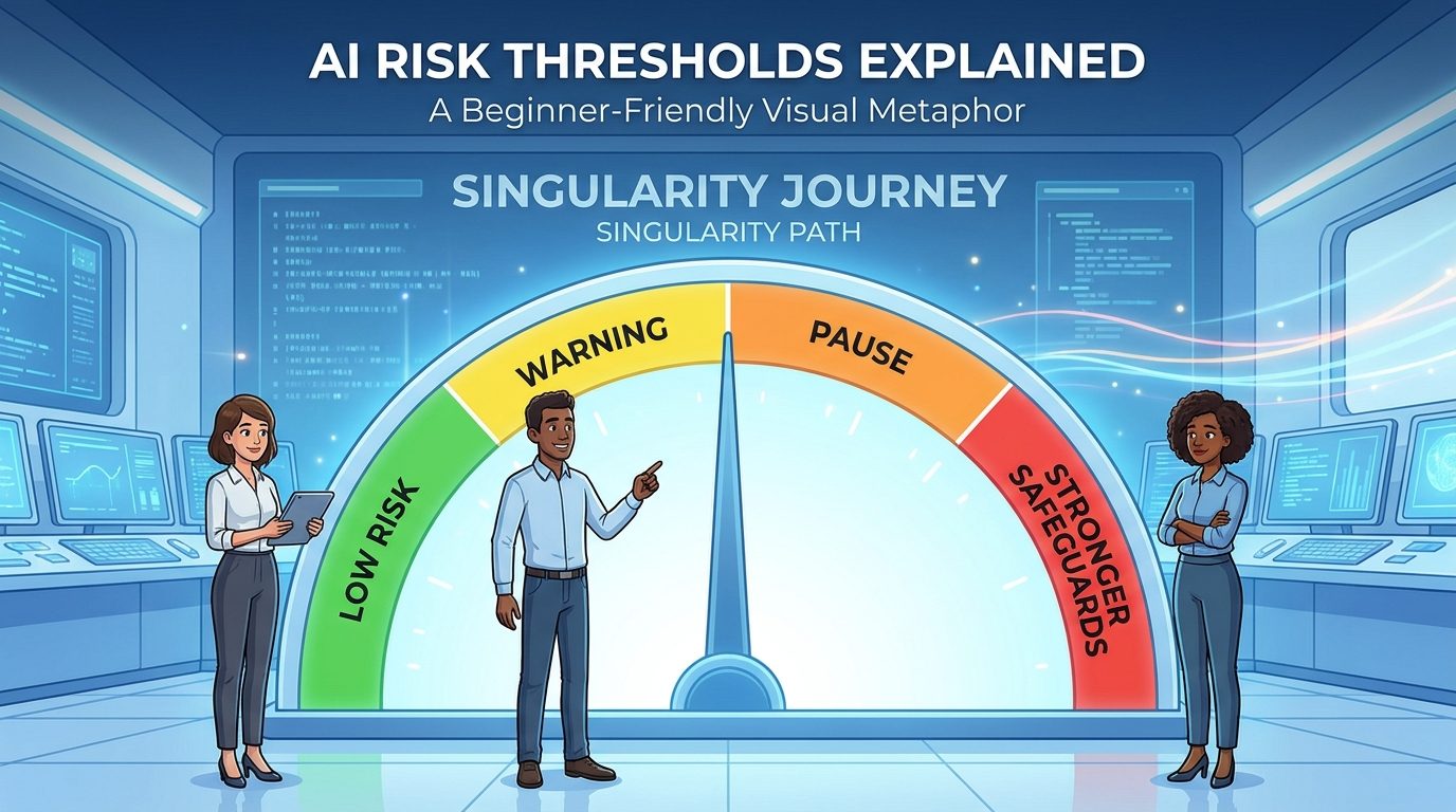 Cartoon AI safety control room with humans watching a frontier AI capability gauge move from low risk to warning, pause, and stronger safeguards