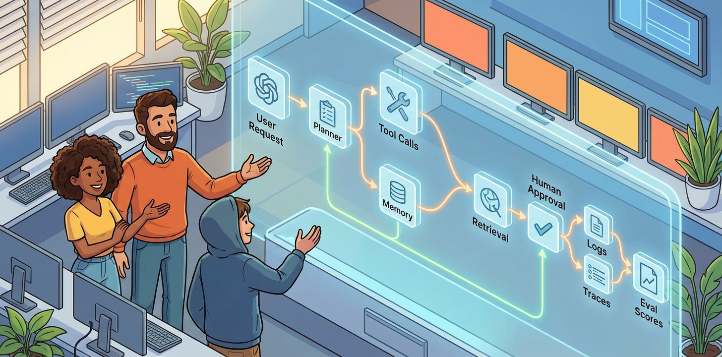 Cartoon developers monitoring AI agent traces, tool calls, memory, eval scores, and human approval in a friendly observability control room