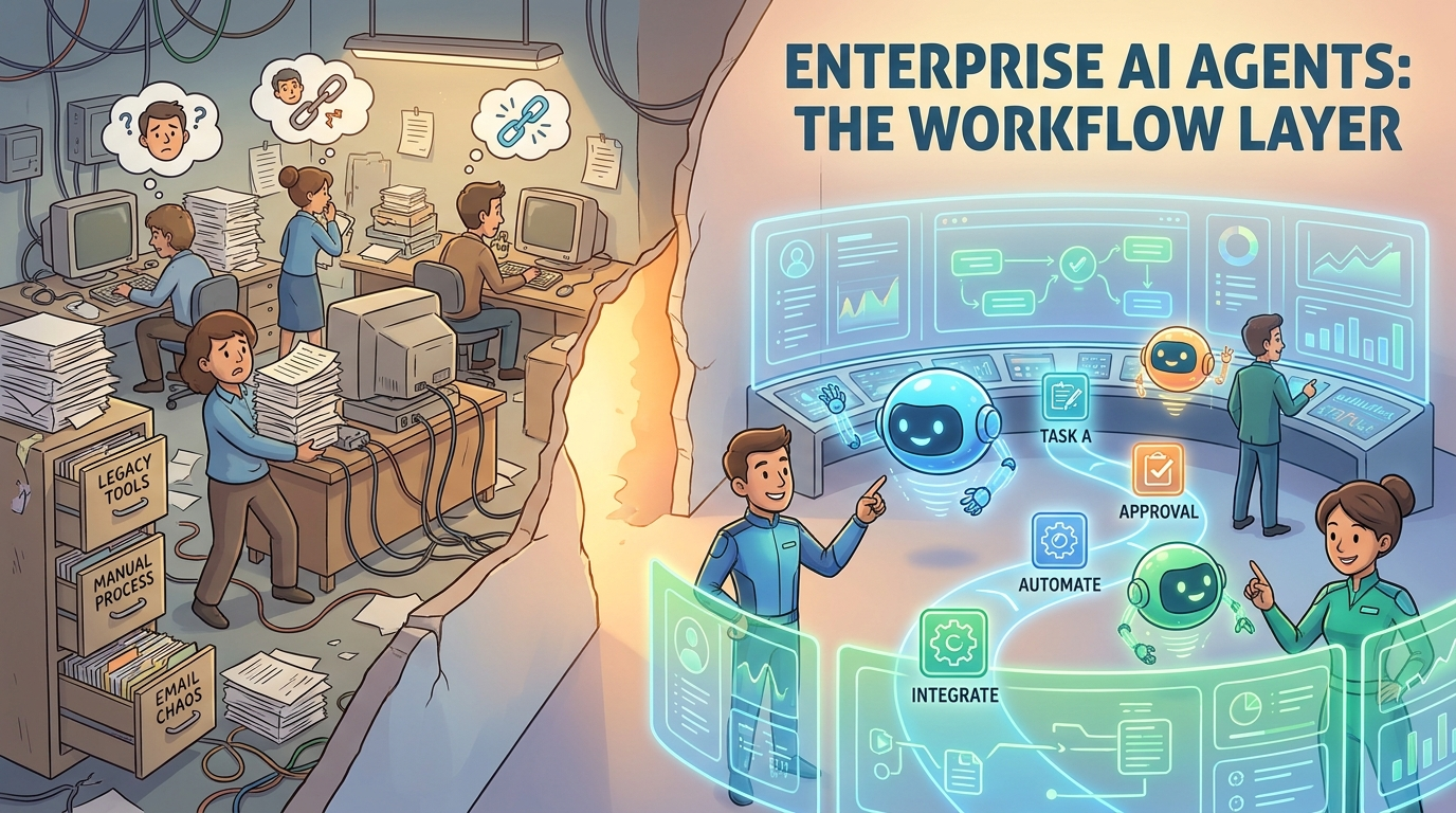 Cartoon business operations room where enterprise AI agents move tasks through governed workflow lanes
