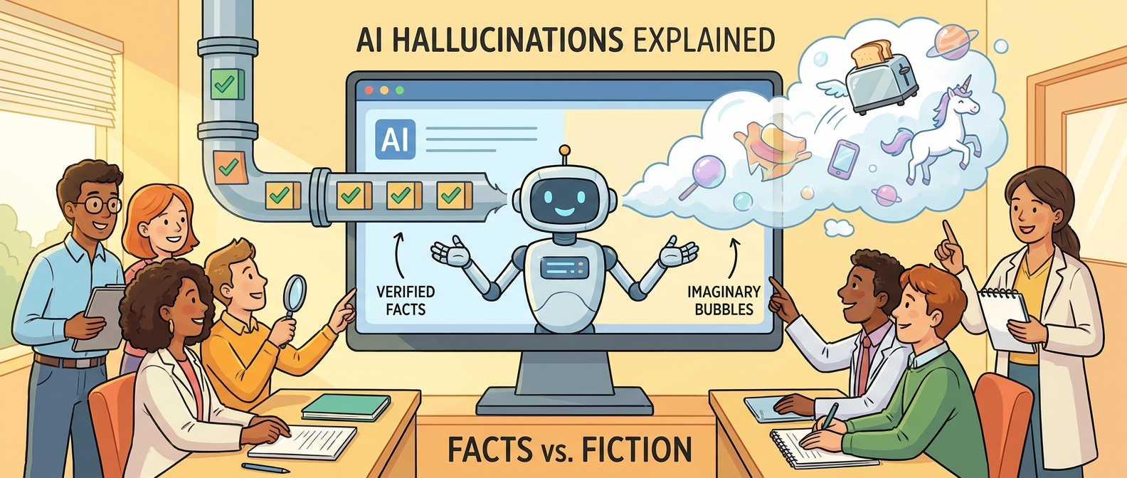 Cartoon-style people separating verified facts from imaginary AI answer bubbles